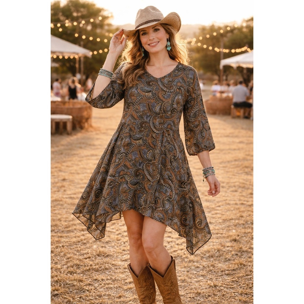 Paisley Vine Womens Dress M Blue Gold Paisley Classic Boho Western Dark Cottage
